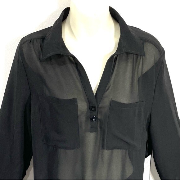New Sheer Black Split Neck Breast Pocket Blouse - Picture 4 of 10
